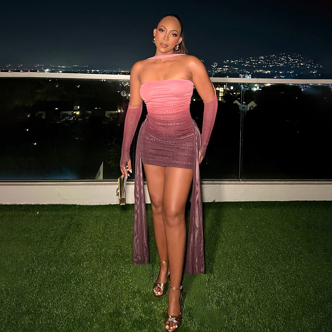 MB1809 Women's Pink-to-Red Gradient Ruched Mini Dress