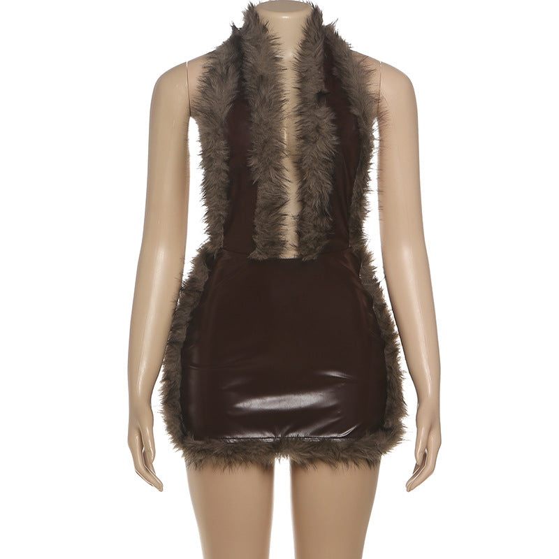 MB1507 Faux Leather Halter Mini Dress with Faux Fur Trim