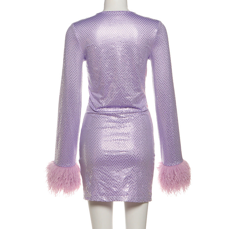 MB1143 Sequin Deep V Mini Dress with Feather Cuffs