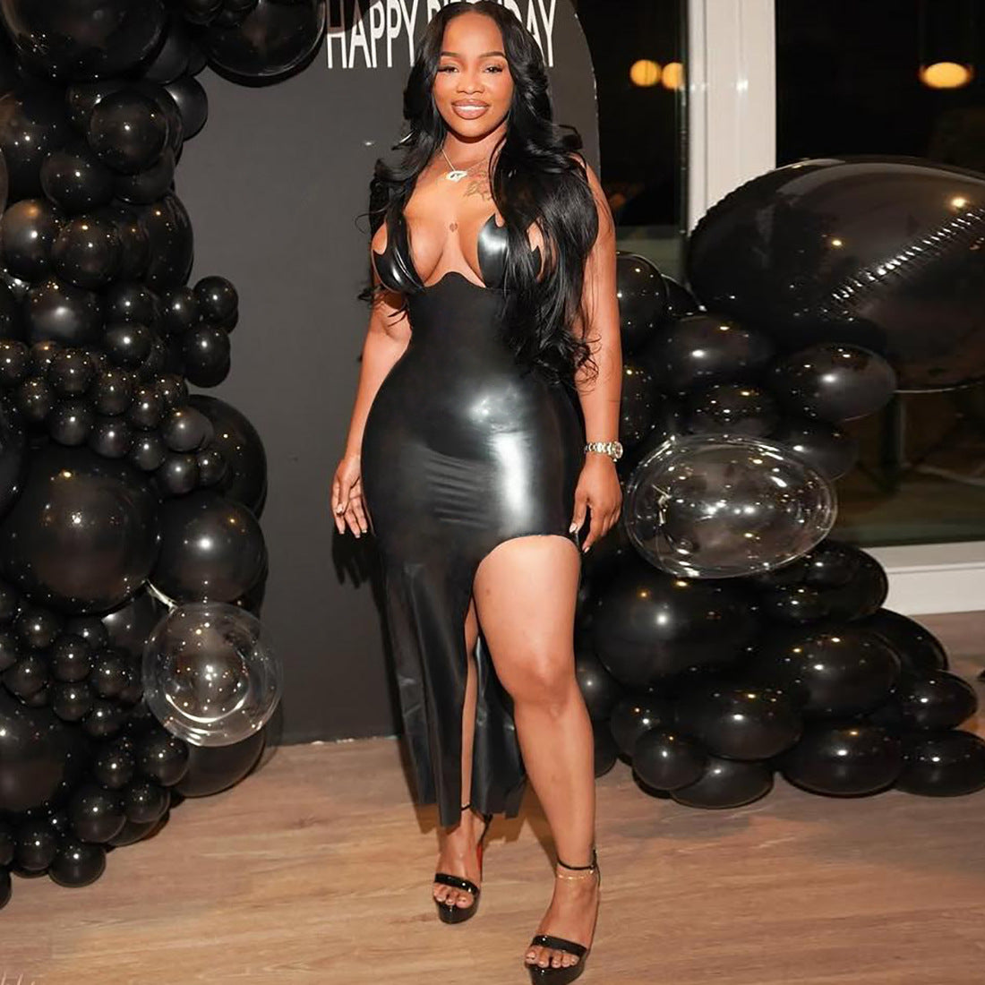 MB1511 Black Faux Leather Bodycon Midi Dress