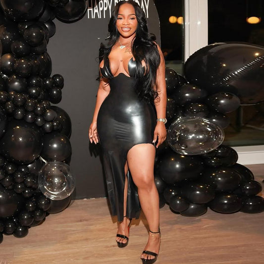 MB1511 Black Faux Leather Bodycon Midi Dress