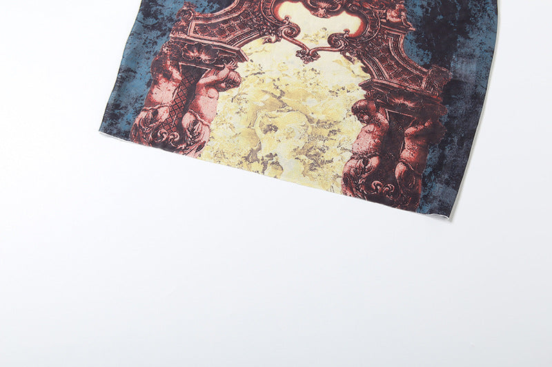 MB1139 Vintage Print Sheer Mesh Bodycon Mini Dress