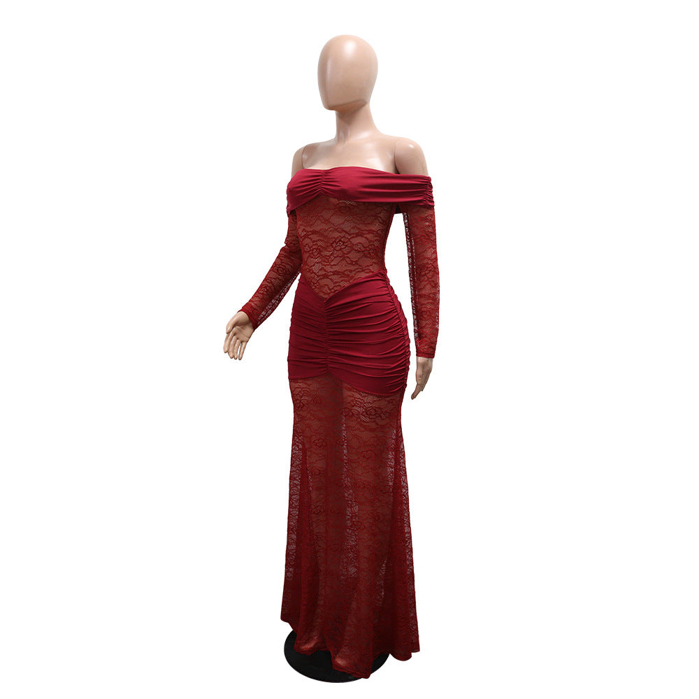 MB1216 Burgundy Lace Ruched Bodycon Maxi Dress