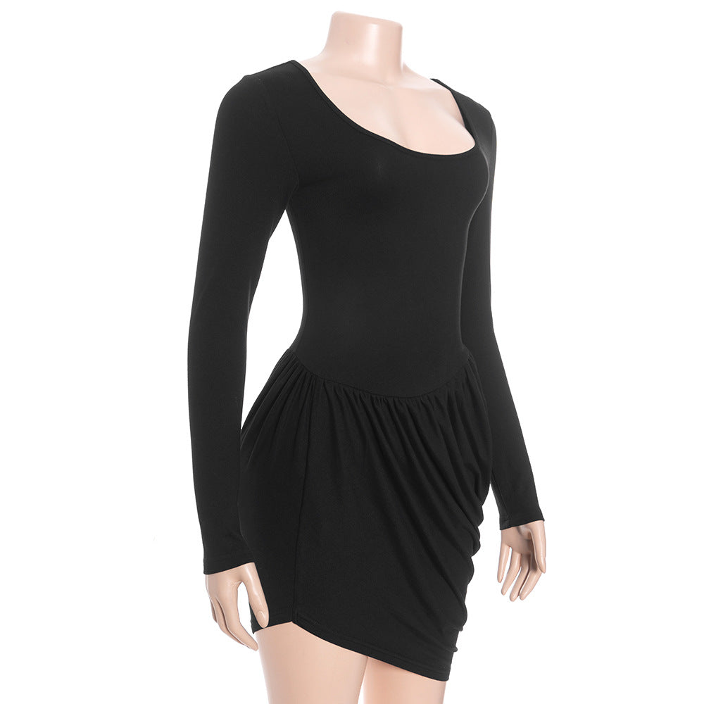 MB1317 Long Sleeve Scoop Neck Ruched Waist Mini Dress for Women