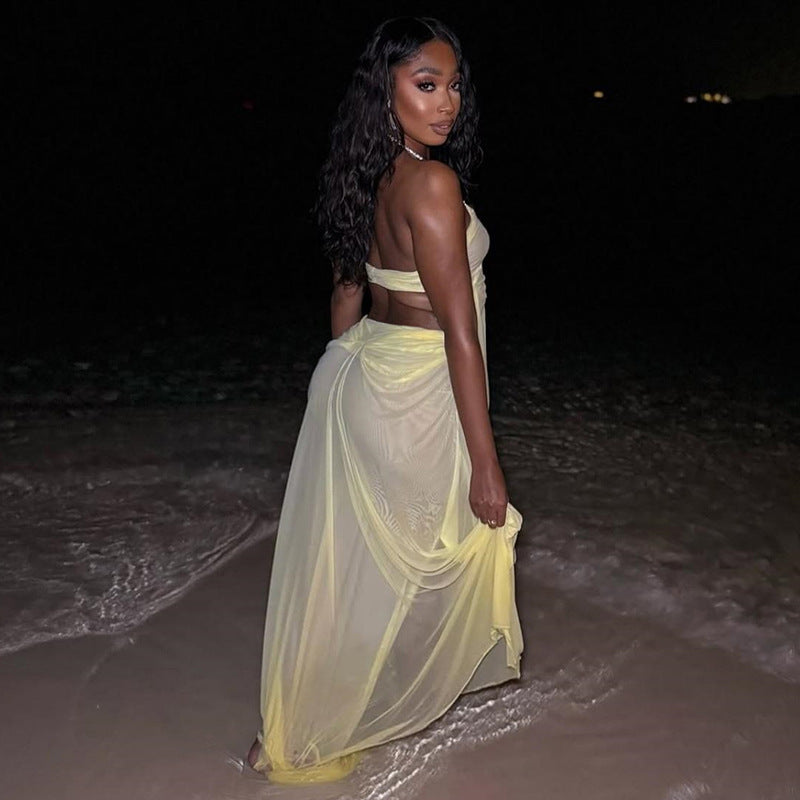 MB1530 Women's Sheer Mesh Halter Neck Cut Out Maxi Dress