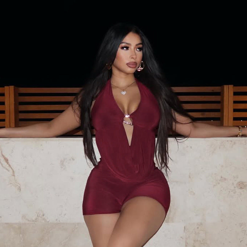 MB10167 Draped Deep V Backless Bodycon Short Jumpsuit