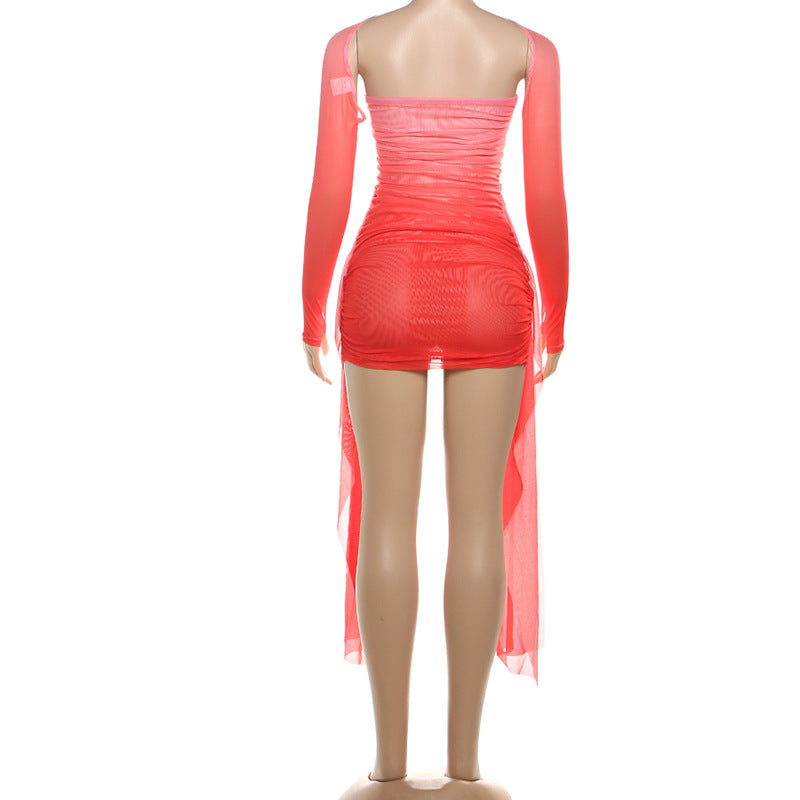 MB1809 Women's Pink-to-Red Gradient Ruched Mini Dress