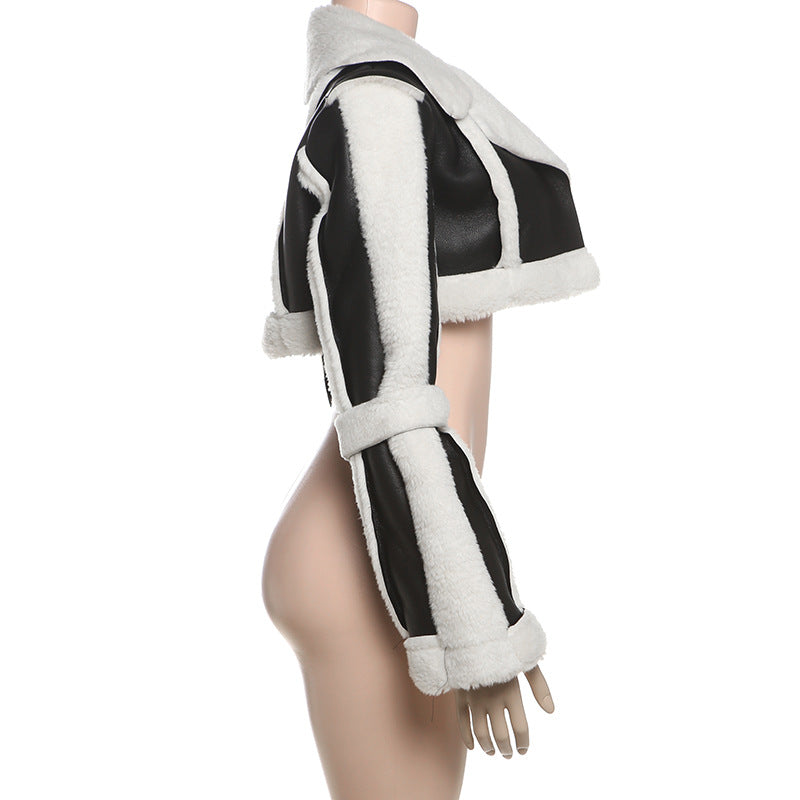 MB1133 PU Leather Shearling Collar Cropped Jacket