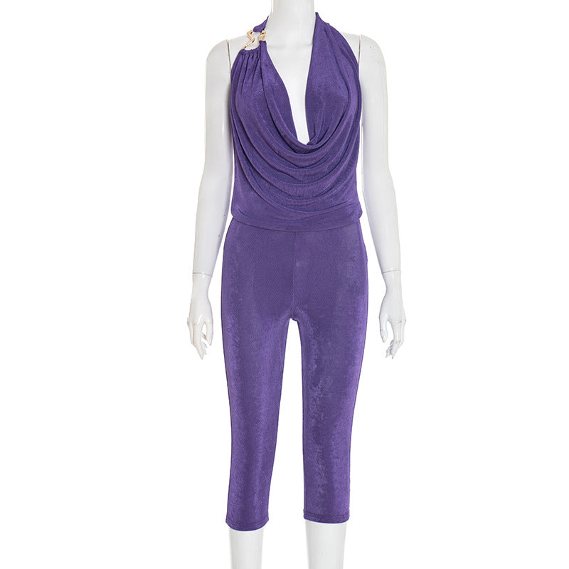 MB1055 Women's Draped Neck Top and Skinny Pants Two-Piece Set