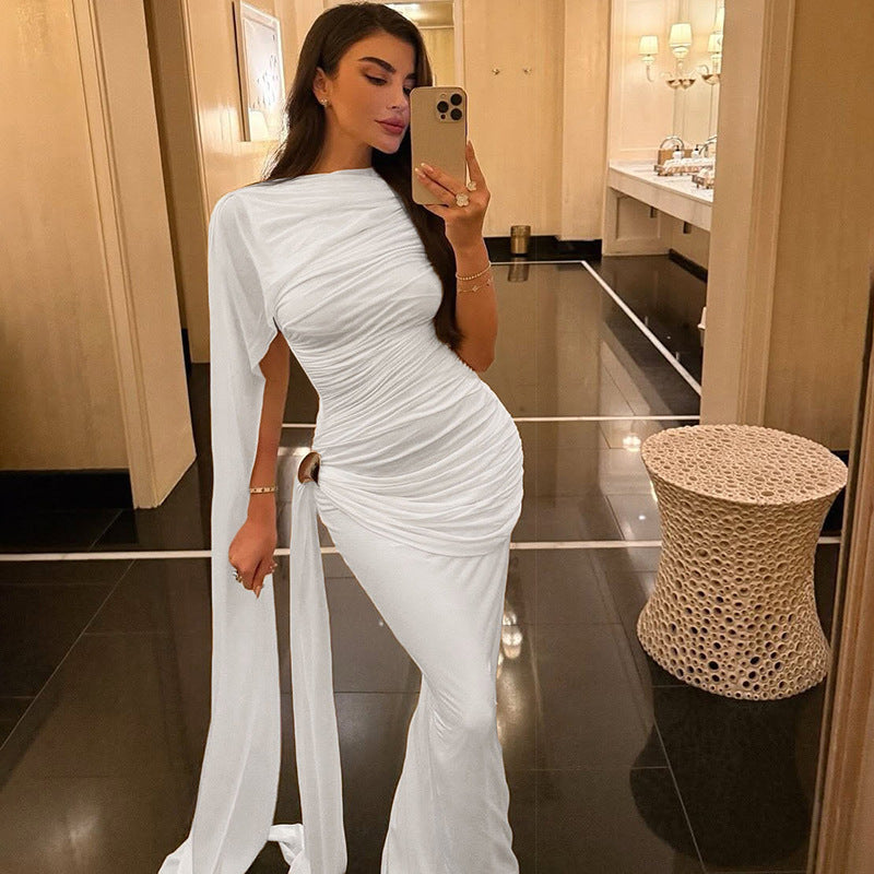 MB1155 Ruched Cape Maxi Dress for Women