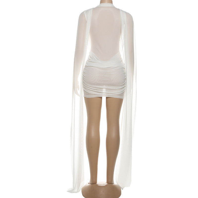 MB1815 Women's White Sheer Mesh Cape Overlay Mini Dress