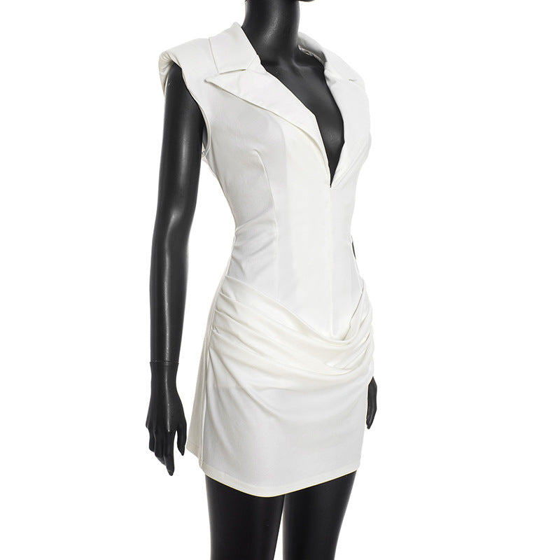 MB1452 Blazer Collar Sleeveless Ruched Mini Dress