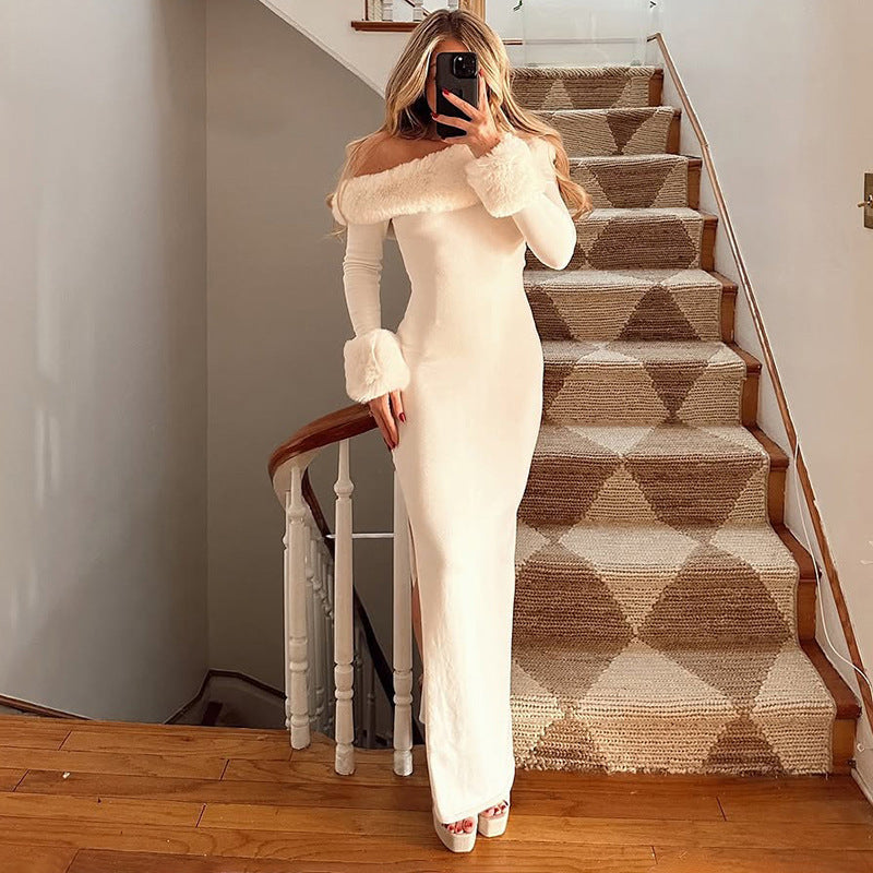 MB1419 White Faux Fur Trim Bodycon Maxi Dress for Women