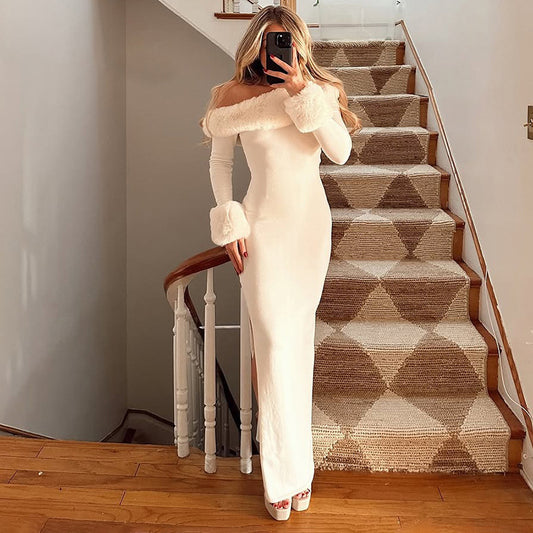 MB1419 White Faux Fur Trim Bodycon Maxi Dress for Women
