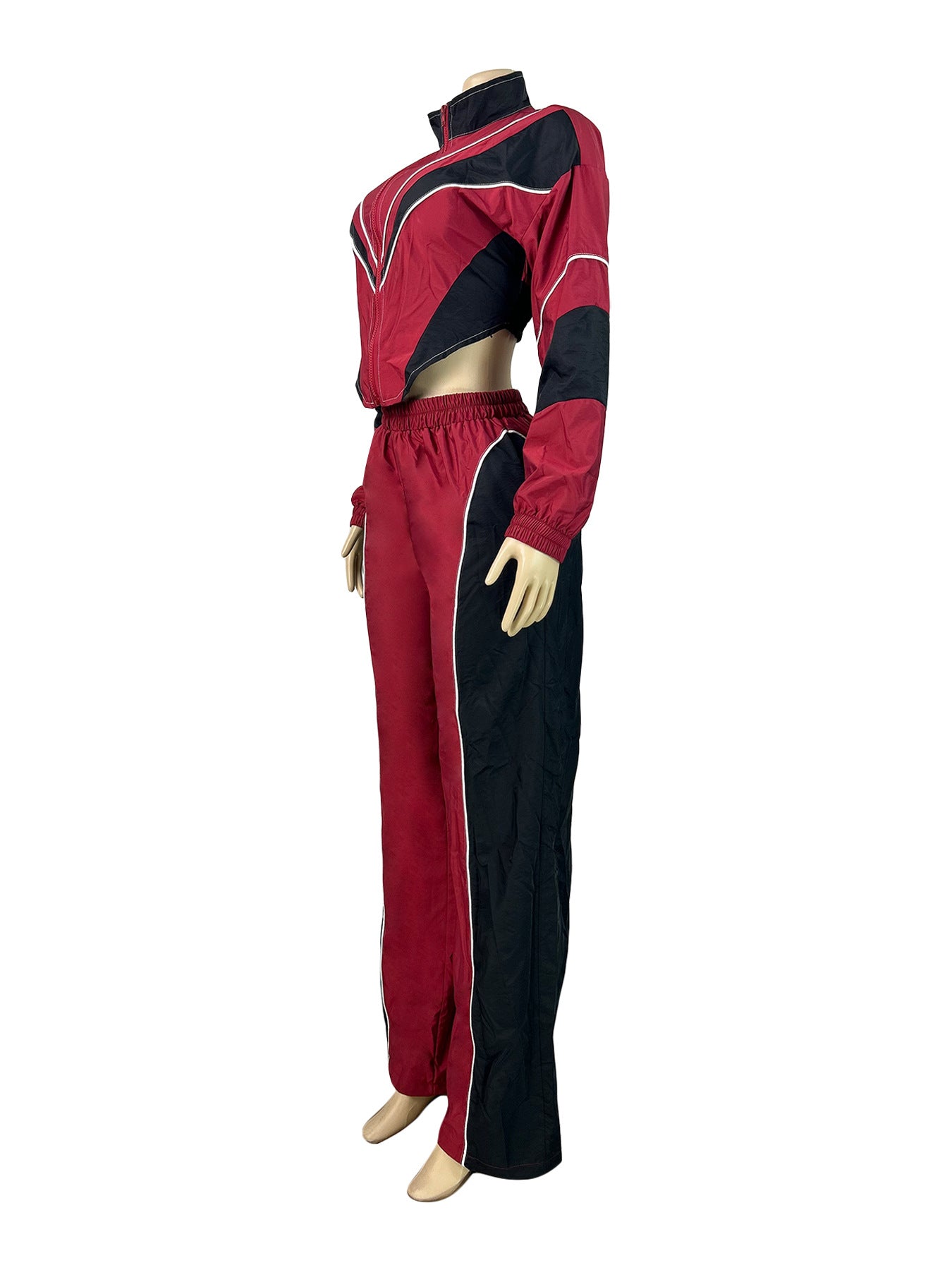 MB1705 Color Block Crop Jacket & Wide Leg Pants Two-Piece Set for Women