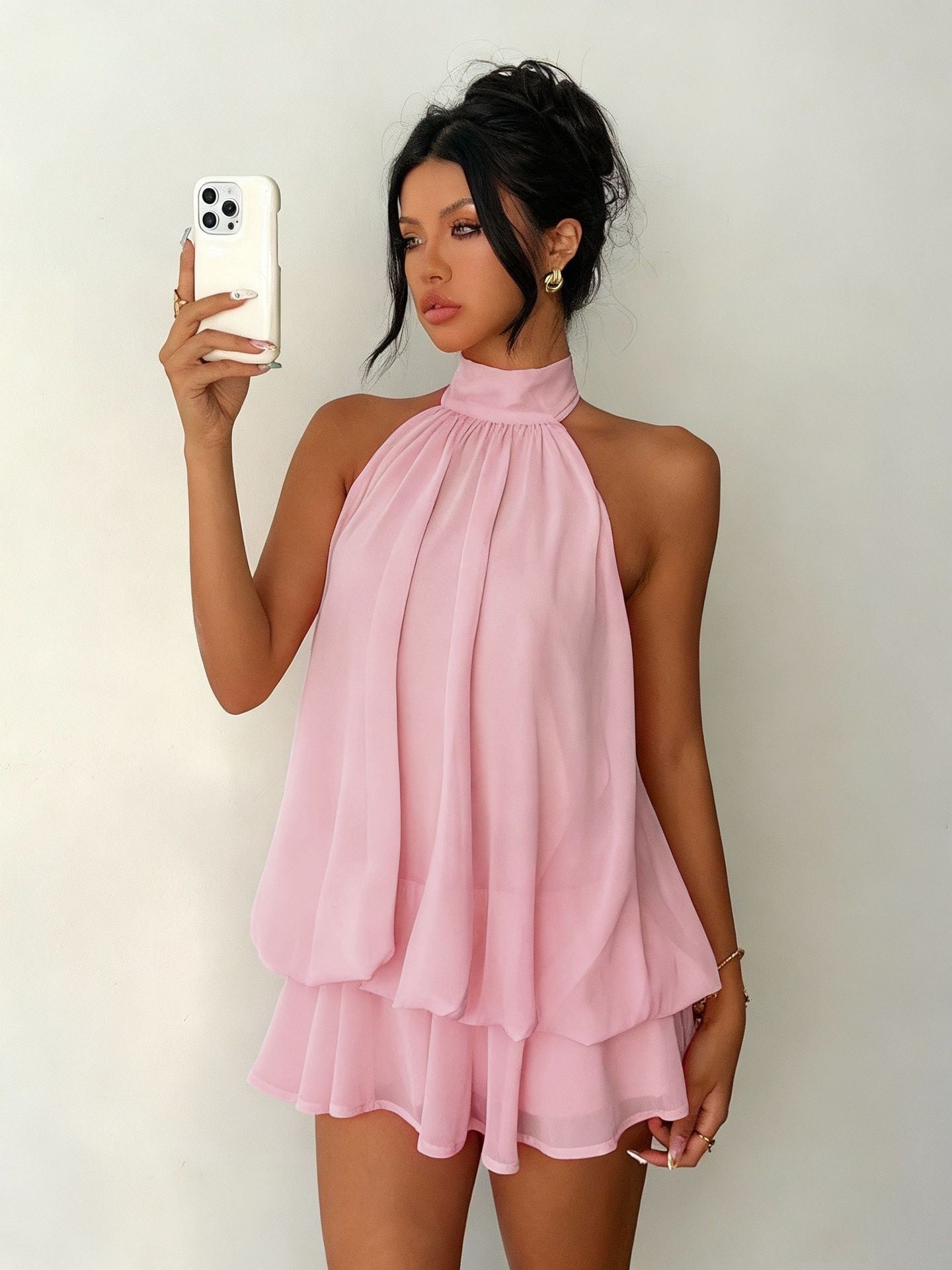 MB2001  Halter Backless Mini Dress - Flowy Ruffle Chiffon Party Dress for Women 