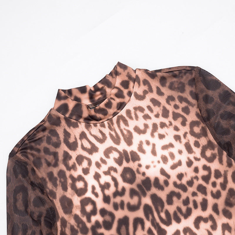 MB1436 Leopard Print Sheer Turtleneck Maxi Dress