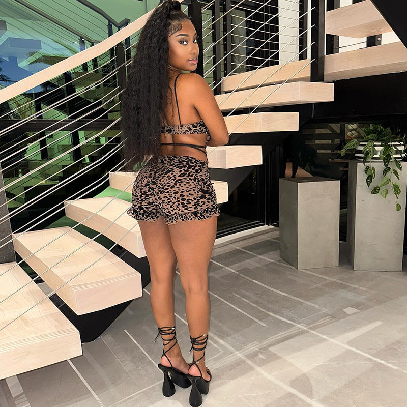 MB1502 Leopard Print Lace-Up Sheer Romper