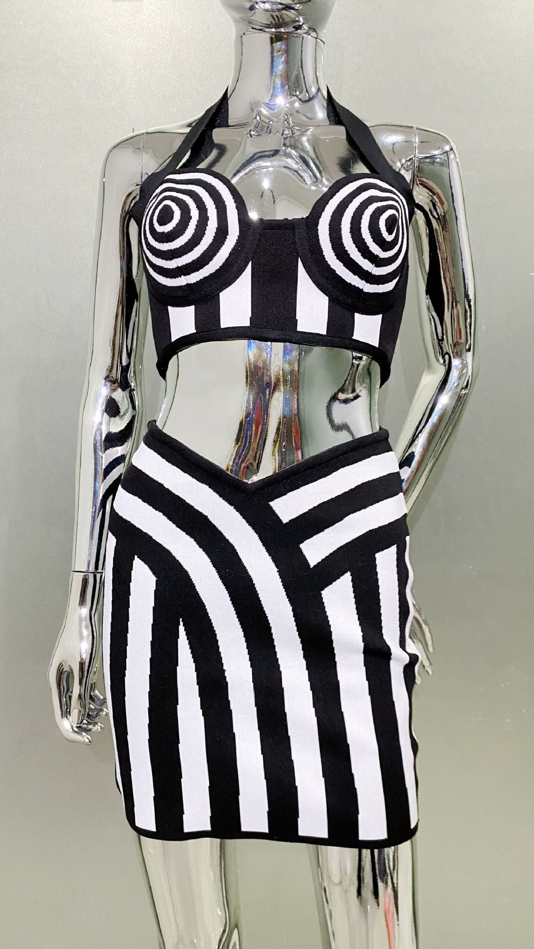 MB2108 Black White Stripe Bandage Two‑Piece Set, Halter Crop Top Mini Skirt Party Outfit