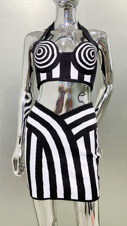 MB2108 Black White Stripe Bandage Two‑Piece Set, Halter Crop Top Mini Skirt Party Outfit