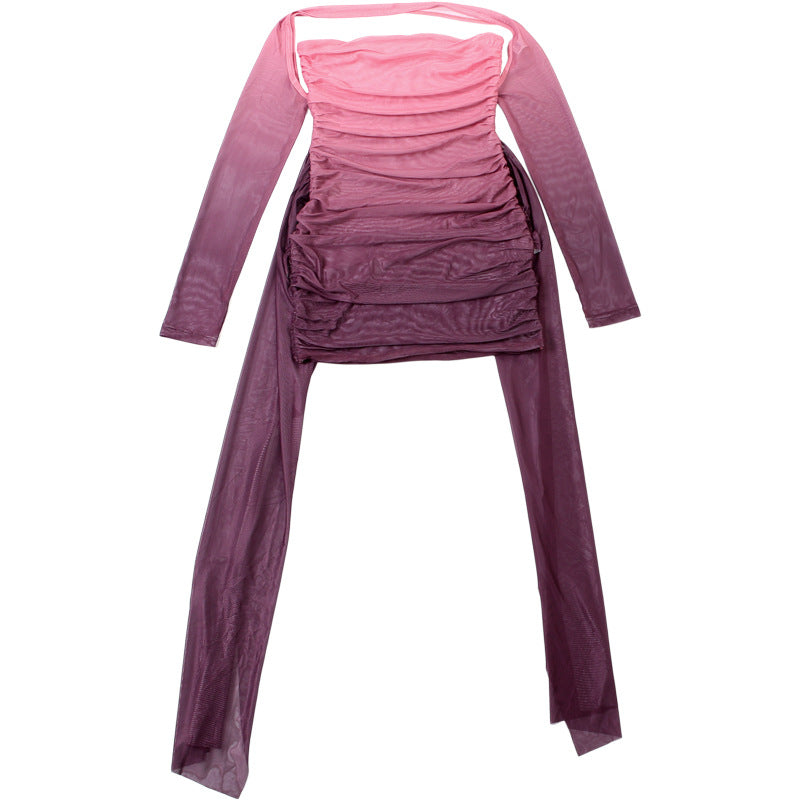 MB1809 Women's Pink-to-Red Gradient Ruched Mini Dress