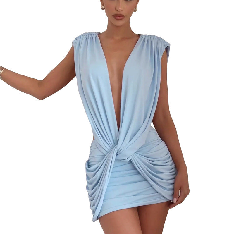 MB1462 Deep‑V Halter Draped Knot‑Front Backless Ruched Bodycon Mini Dress