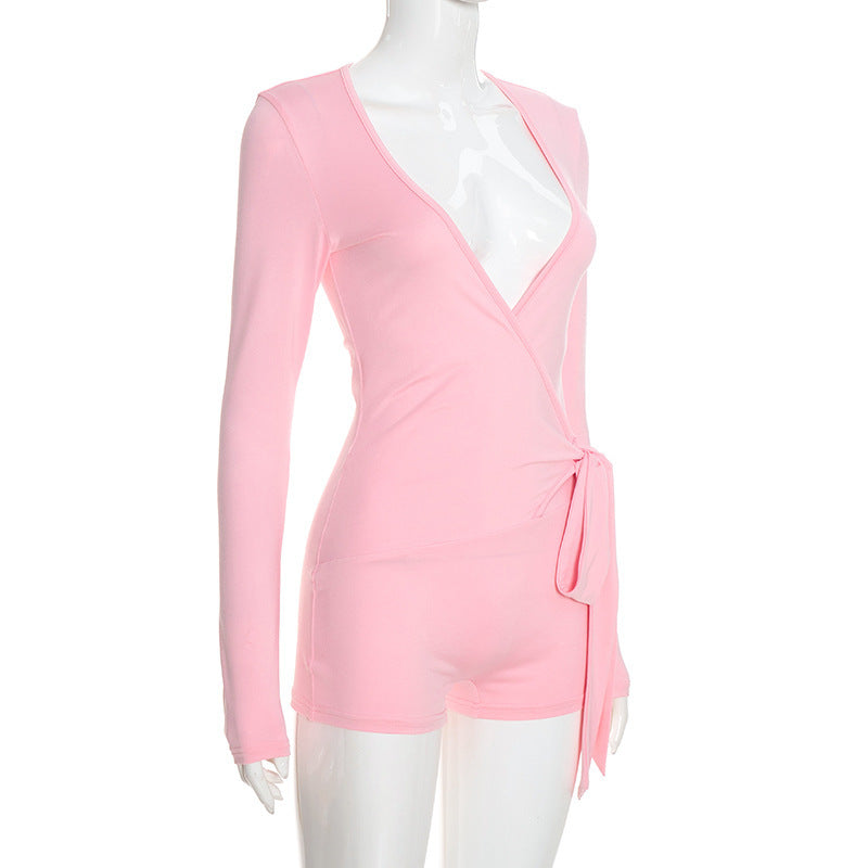 MB10198 Women Wrap V‑Neck Long‑Sleeve Romper
