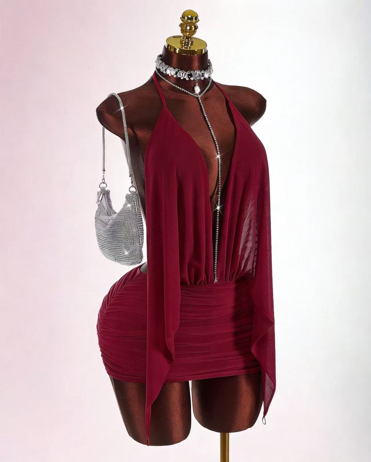  MB2005 Pink Halter Backless Ruched Mesh Mini Dress - Sexy Sheer Party Dress for Women 