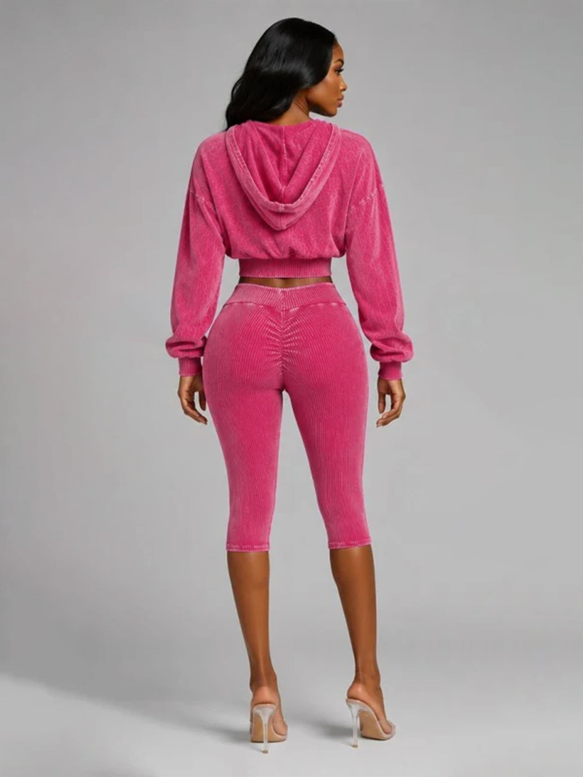 MB1734 Washed Ribbed Cropped Hoodie & Scrunch‑Butt Capri Leggings 2‑Piece Set
