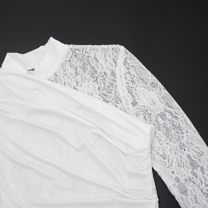 MB1440 Lace Panel Ruched Mini Dress with Side Tie