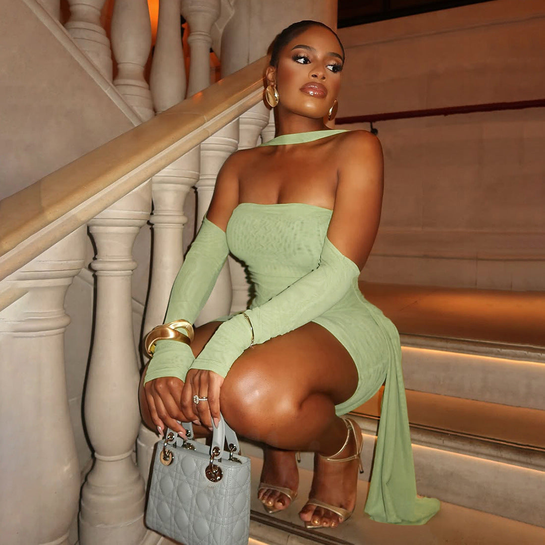 MB1808 Women's Ruched Tulle Sleeve Mini Dress