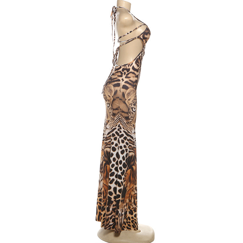 MB1817 Women's Tiger & Leopard Animal Print Side Slit Maxi Dress