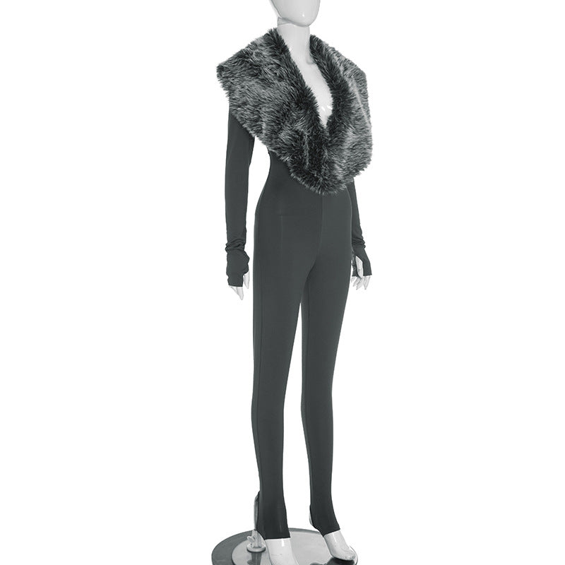 MB1065 Bodycon Jumpsuit with Faux Fur Collar & Footed Design