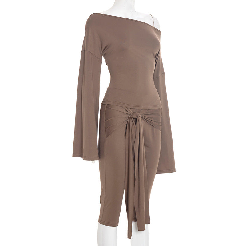 MB1404 Solid Color Top & Tie-Front Capri Pants 2-Piece Set for Women