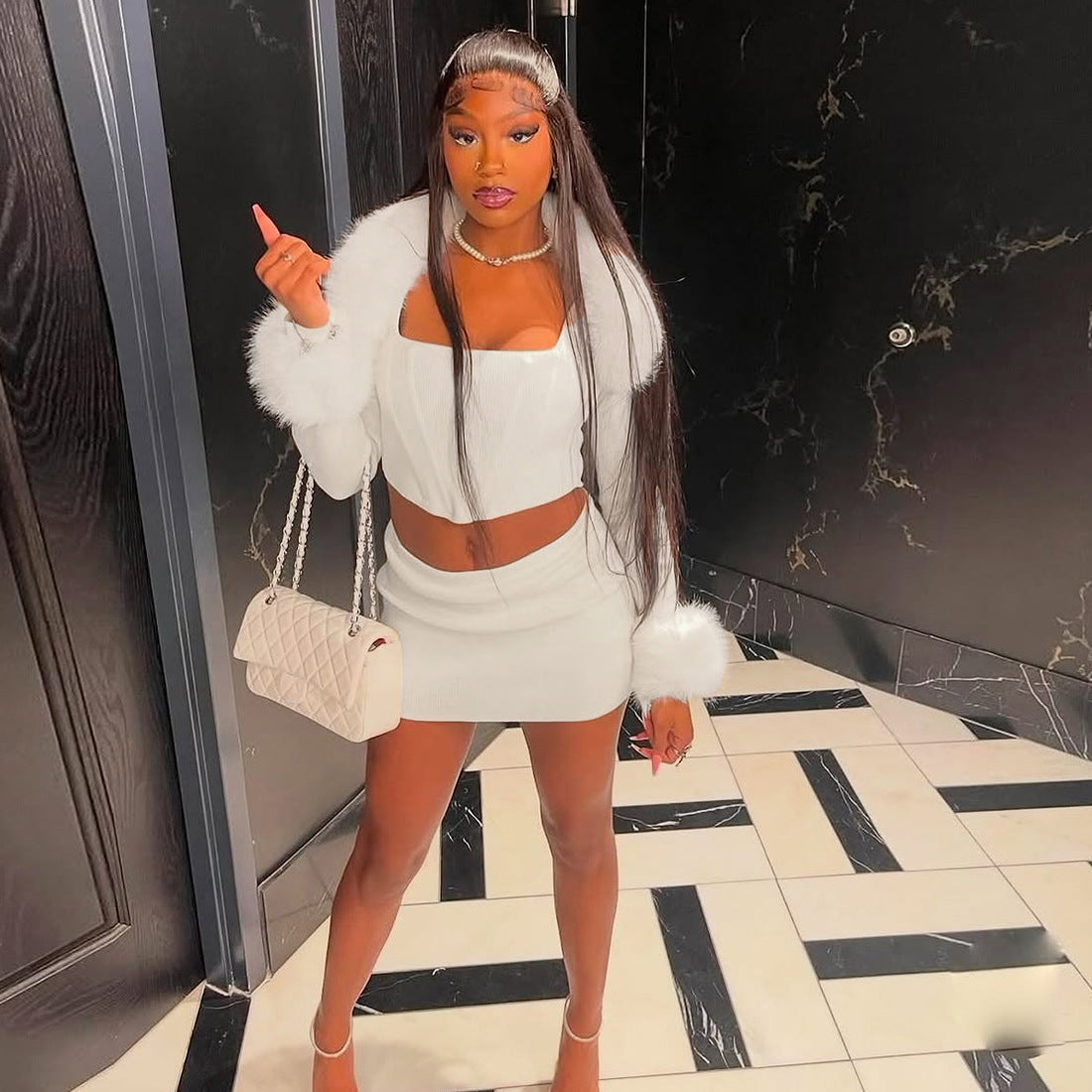 MB1813 Women's Faux Fur 3-Piece Set Crop Top Mini Skirt Long Sleeve Shrug