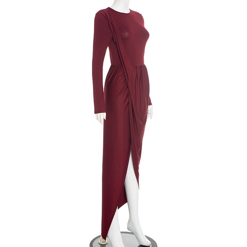 MB1402 Crew Neck Long Sleeve High Slit Maxi Dress