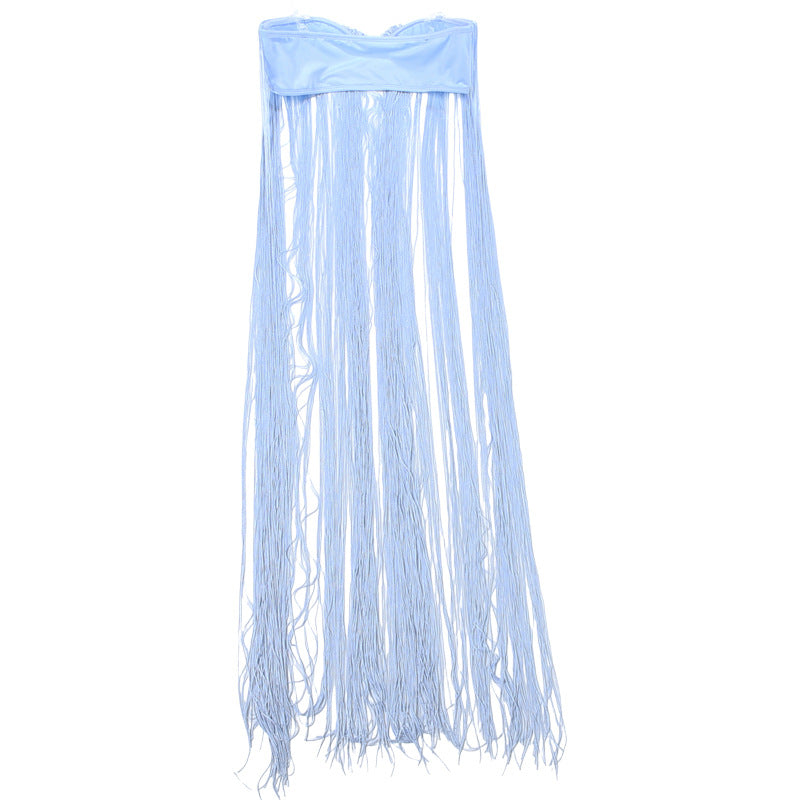 MB1521 Light Blue Fringe Strapless Crop Top for Women