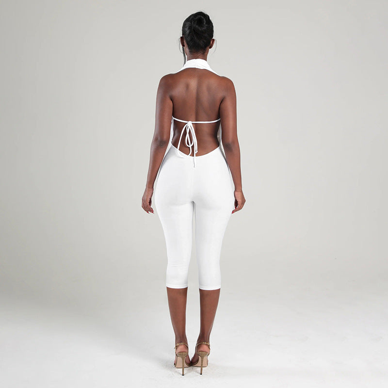 MB10154 Women's Halter Neck Deep V Cowl Front Capri Jumpsuit