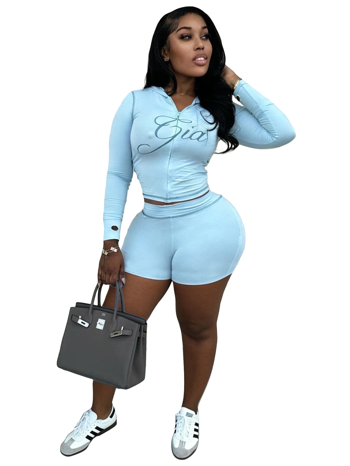 MB1727 Zip-Up Hoodie & Biker Shorts Two Piece Set – Y2K Sexy Crop Top Loungewear