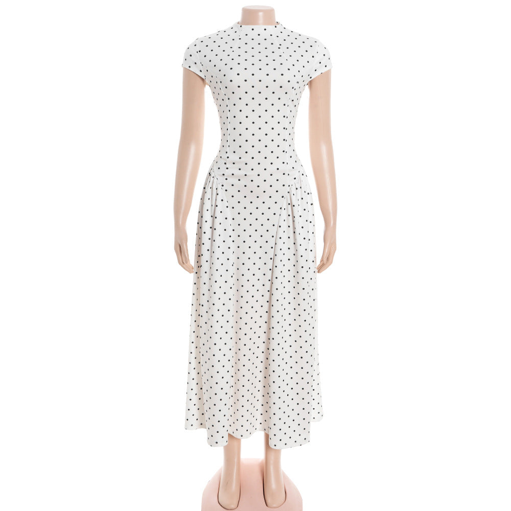 MB1323 White Black Polka Dot Cap Sleeve A-Line Midi Dress