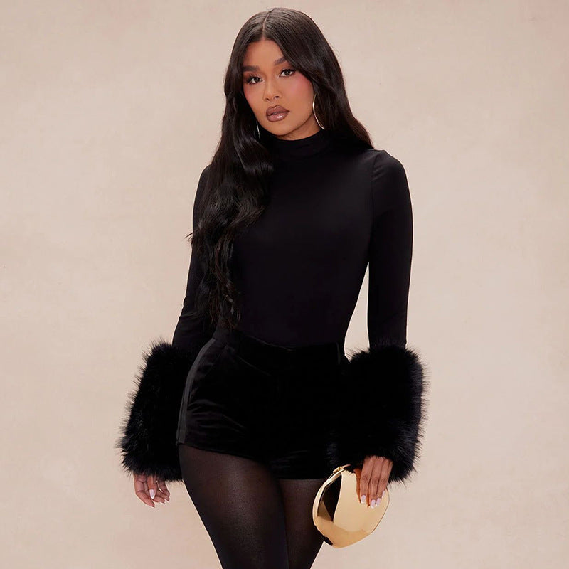 MB10135 Women’s Long Sleeve Fur Cuff Bodysuit