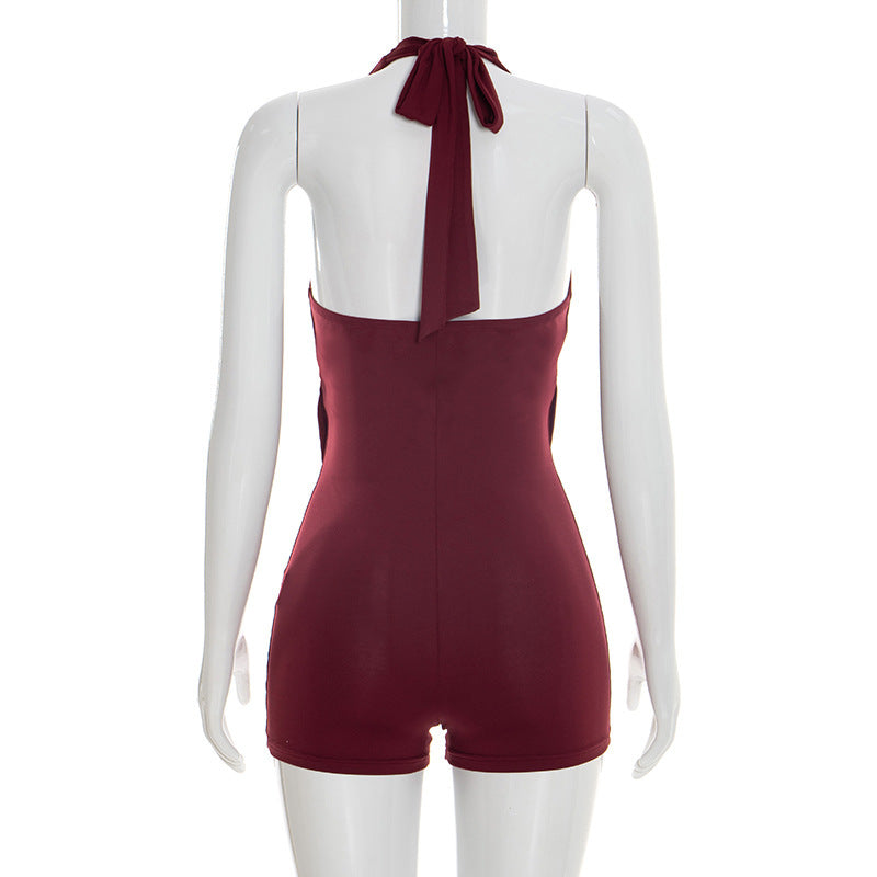 MB10167 Draped Deep V Backless Bodycon Short Jumpsuit