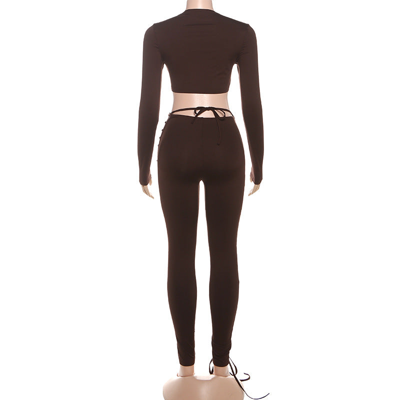 MB1810 Fitted Crop Top & Lace-Up Pants Two-Piece Outfit