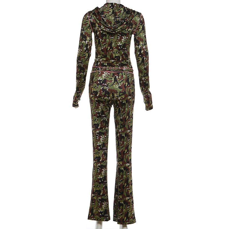 MB1165 Camouflage Print Hooded 2 Piece Outfit | Flare Pants & Zip-Up Tracksuit
