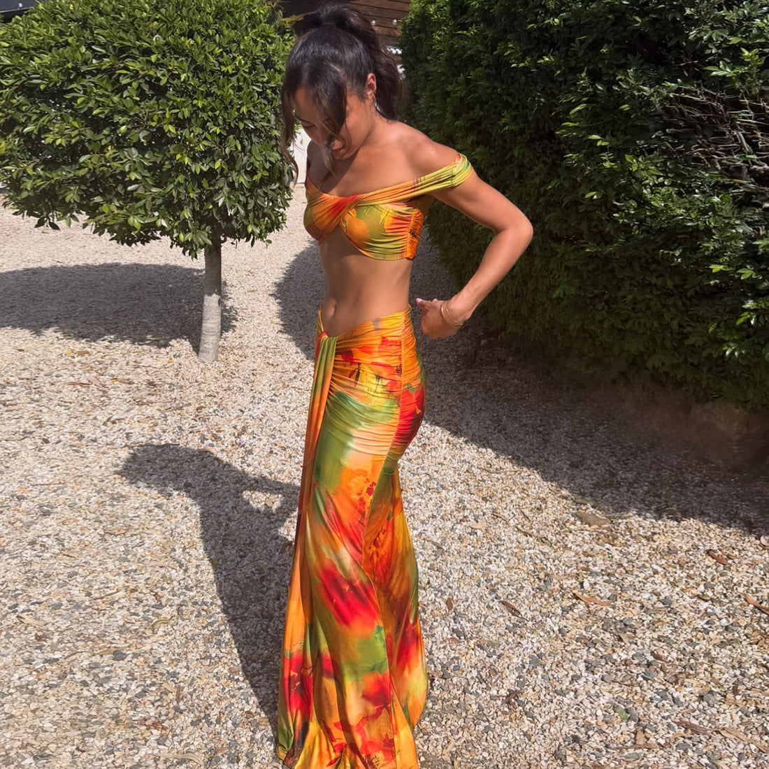 MB1833 Women's Off Shoulder Two Piece Maxi Skirt Set