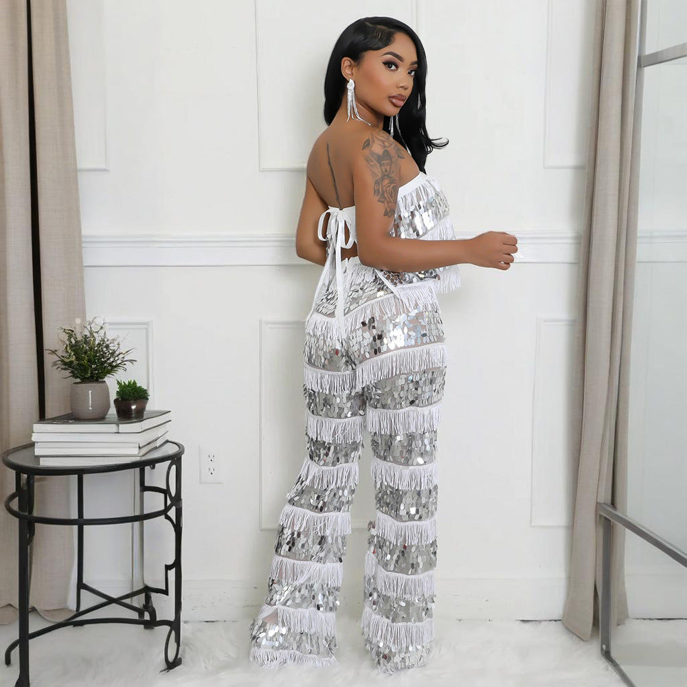 MB1222 Sequin Fringe Top & Wide Leg Pants Two Piece Set