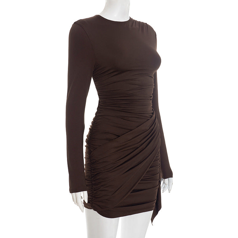 MB1442 Women's Ruched Draped Mini Dress with Long Sleeves