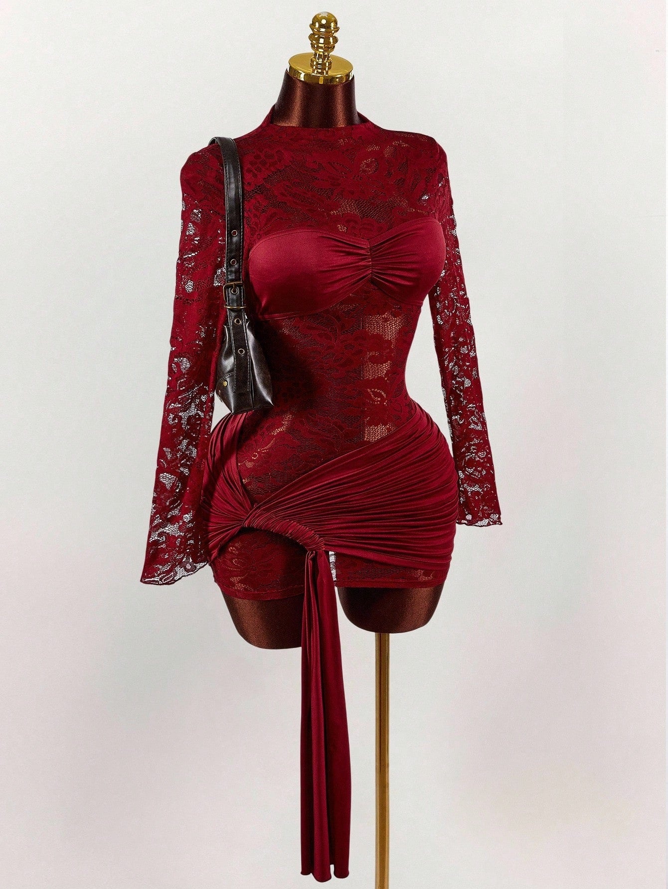 MB2004  White Lace Sheer Long Sleeve Bodycon Mini Dress - Ruched Draped Party Dress for Women 
