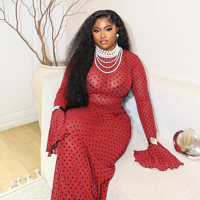 MB1417 Red Polka Dot Flared Sleeve Maxi Dress for Women