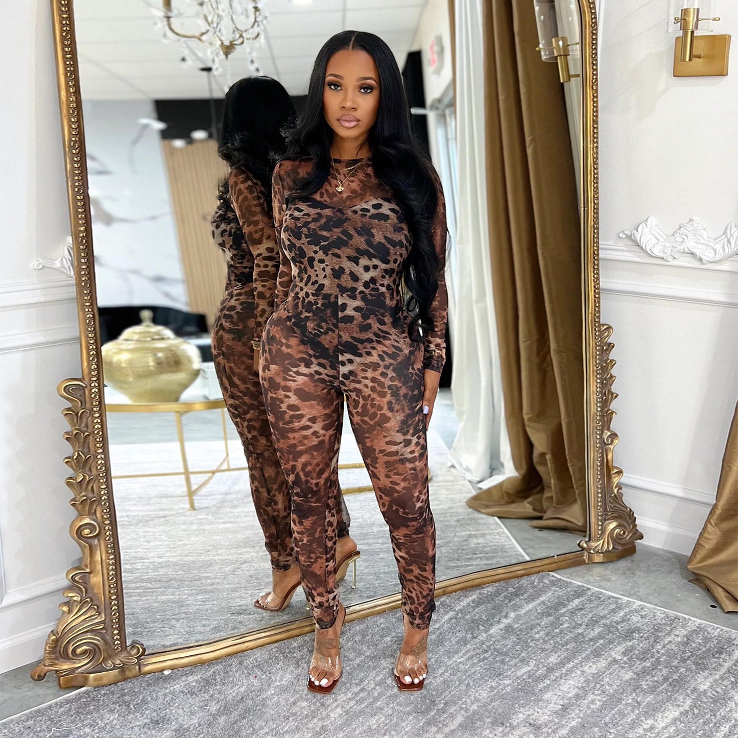 MB1607 Taupe Leopard Print Sheer Mesh Bodycon Jumpsuit